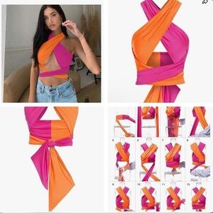 ZAFUL Halter Crop Top Criss Cross Wrap Tank Top OS Pink Orange